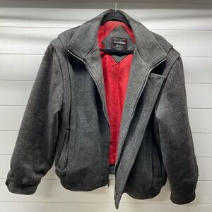 American Male Vintage Wool Bomber Jacket Grey Red Lining Asymmetric Zip Mens L